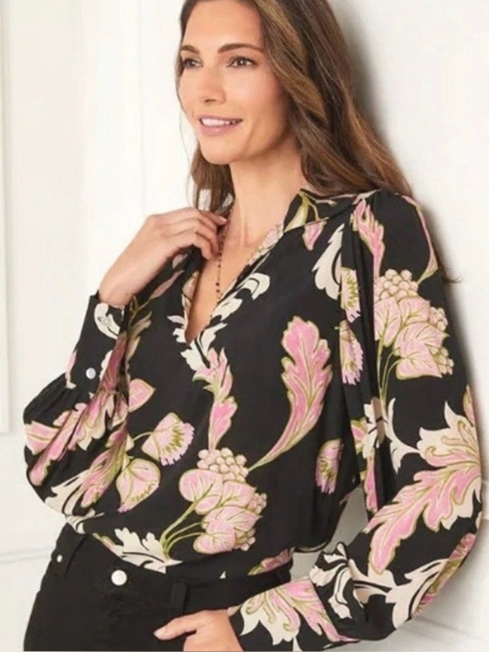 Karen Kane Pink Shimmer Blouson Top Black/Pink/Green Floral V-Neck Size XS NWT